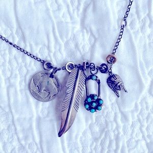 Vintage Sterling Silver Feather, Buffalo head, Indian and Turquoise Necklace
